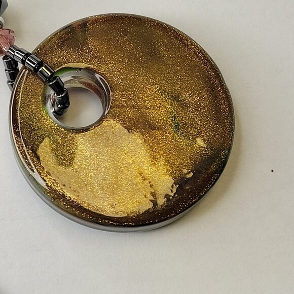 Hematite Necklace Murano Glass Rainbow Twirl Pendant - Picture 3 of 11